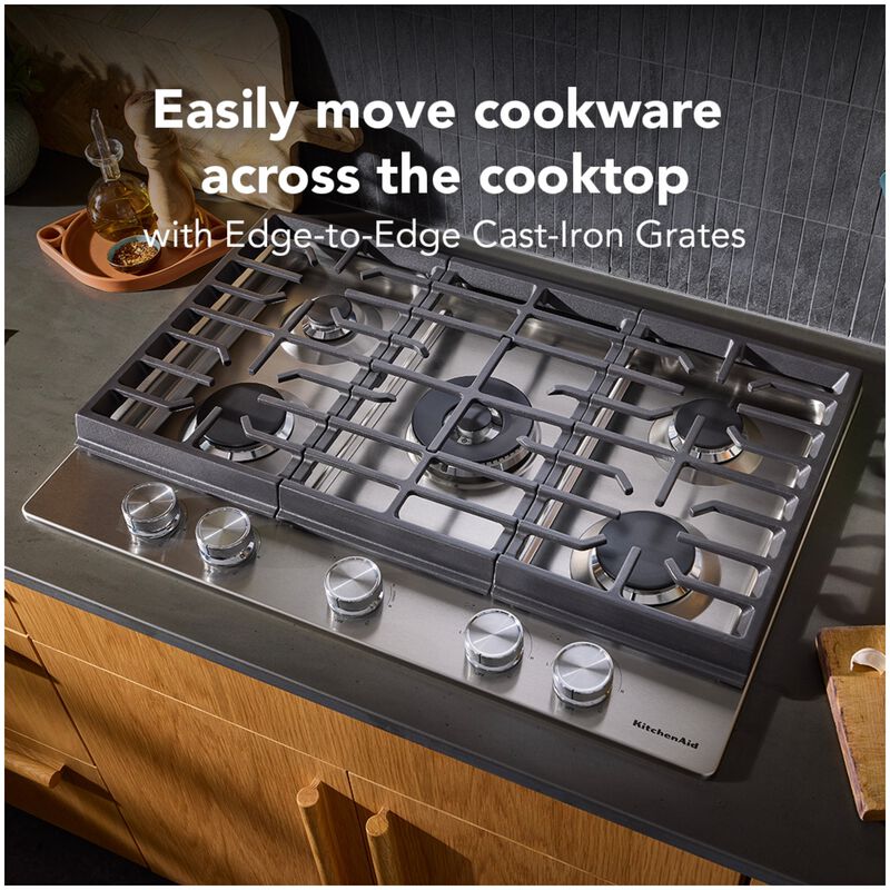 KitchenAid 30 in. 5-Burner Natural Gas Cooktop with Griddle, Simmer Burner & Power Burner - Stainless Steel, , hires