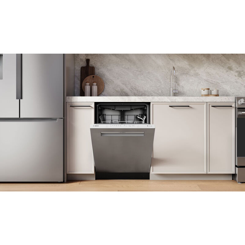 Bosch 300 Series 24 in. Top Control Flush-Mount Smart Dishwasher with 46 dBA Sound Level, 3rd-Rack, PureDry & Pocket Handle - Stainless Steel, , hires