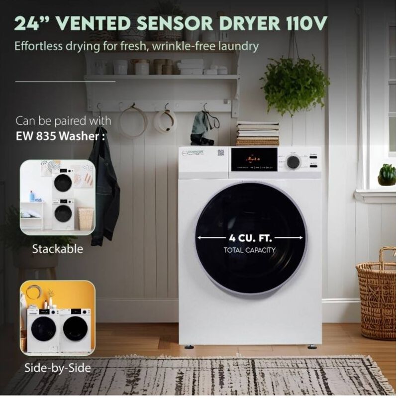 Equator Deluxe 24 in. 4.0 cu. ft. Stackable Electric Dryer with Sensor Dry, Sanitize & Steam Cycle - White, , hires