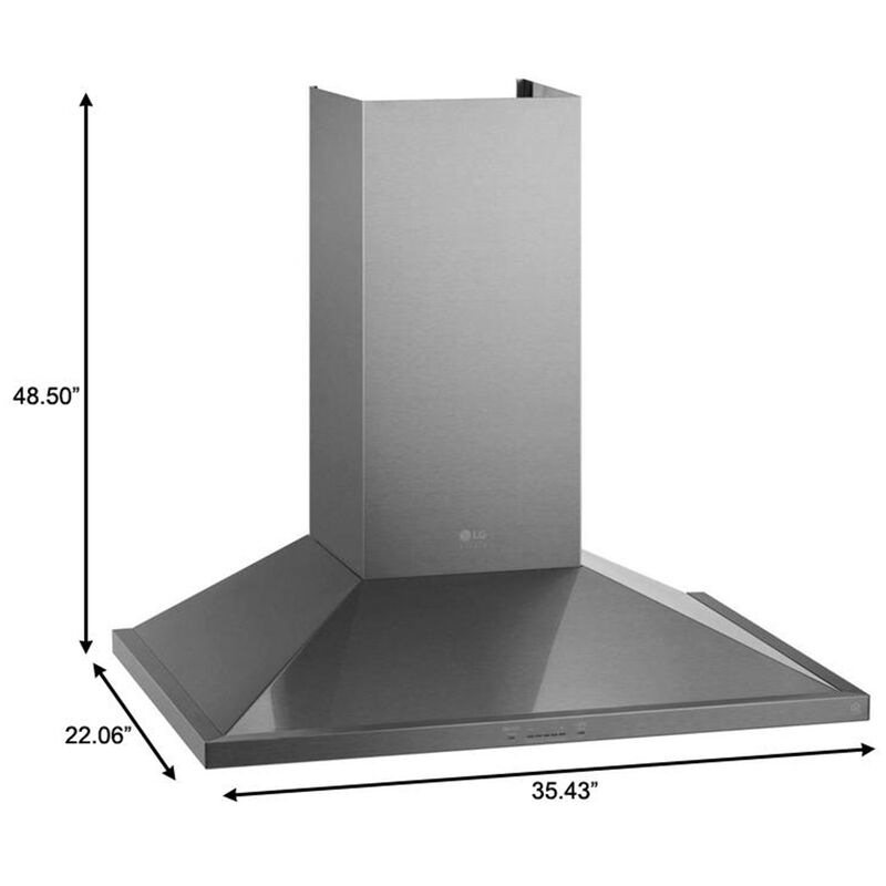 LG Studio 36 in. Smart Ducted Chimney Style Range Hood with 600 CFM, 5 Fan Speeds & 1 LED Light - Stainless Steel, , hires