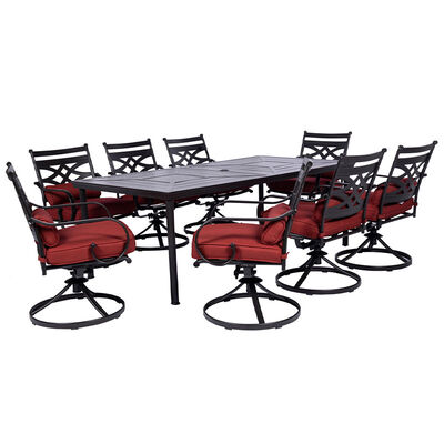 Hanover Montclair 9-Piece Dining Set with 8 Swivel Rockers and a 42" x 84" Table - Chile Red/Brown | MCLRDN9PC42R