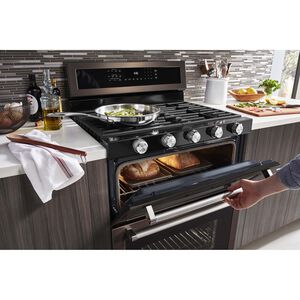 KitchenAid 30 in. 6 cu. ft. True European Convection Double Oven Gas Range with 5 Sealed Burners & Griddle - Black Stainless, , hires
