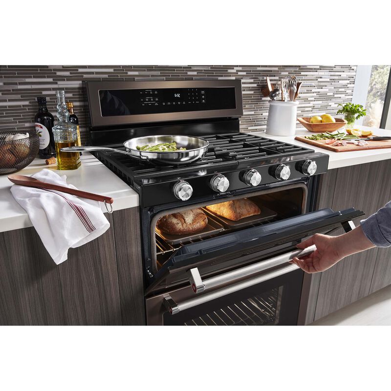 KitchenAid 30 in. 6 cu. ft. True European Convection Double Oven Gas Range with 5 Sealed Burners & Griddle - Black Stainless, , hires