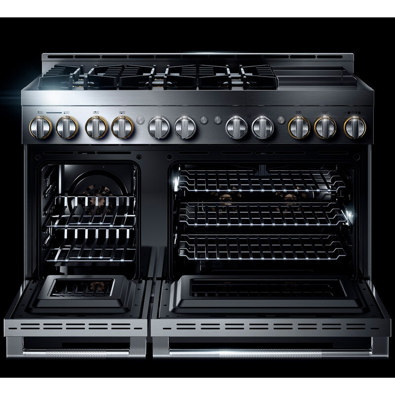 JennAir Rise Series 48 in. 6.3 cu. ft. Smart True European Convection Double Oven Gas Range with 6 Sealed Burners & Griddle - Stainless Steel, , hires