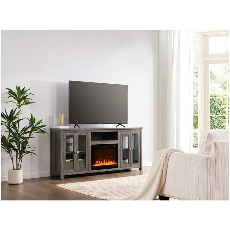 Lilola Ellington 70"W Gray Walnut Finish Fireplace TV Stand Console with Heater, LED Light, Cabinets, Shelves, , hires