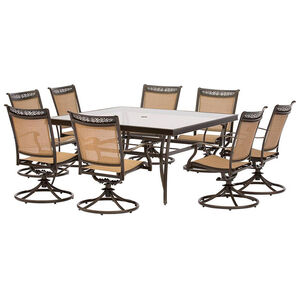 Hanover Fontana 9-Piece Glass Top Square Dining Set with Eight Sling Swivel Chairs, , hires