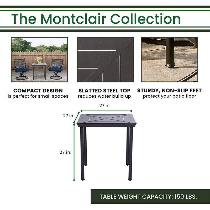 Hanover Montclair 3-Piece Bistro Dining Set with 2 Swivel Rockers and a 27" Square Table - Navy/Brown, , hires