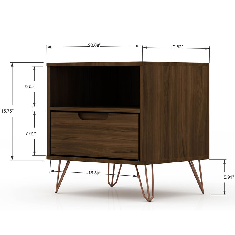 Manhattan Comfort Rockefeller Mid-Century Modern 1-Drawer Nightstand Brown, Brown, hires