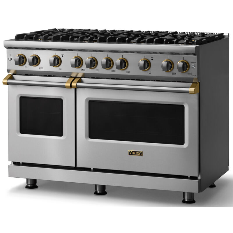 Viking 5 Series 48 in. 6.1 cu. ft. Standard Convection Double Oven Gas Range with 8 Sealed Burners - Stainless Steel - Natural Gas, Brushed Brass Trim Option, , hires