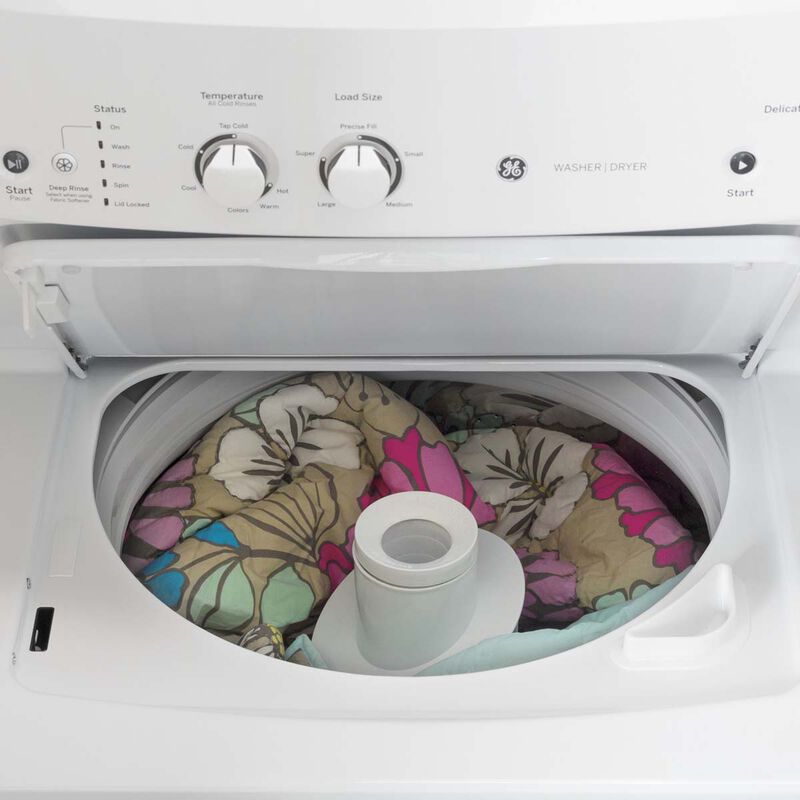 GE 27 in. Laundry Center with 3.8 cu. ft. Washer with 11 Wash Programs & 5.9 cu. ft. Electric Dryer with 4 Dryer Programs, Sensor Dry & Wrinkle Care - White, , hires