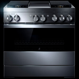 JennAir Noir 36" Freestanding Dual Fuel Range with 4 Sealed Burners, Griddle & 5.1 Cu. Ft. Single Oven - Stainless Steel, , hires