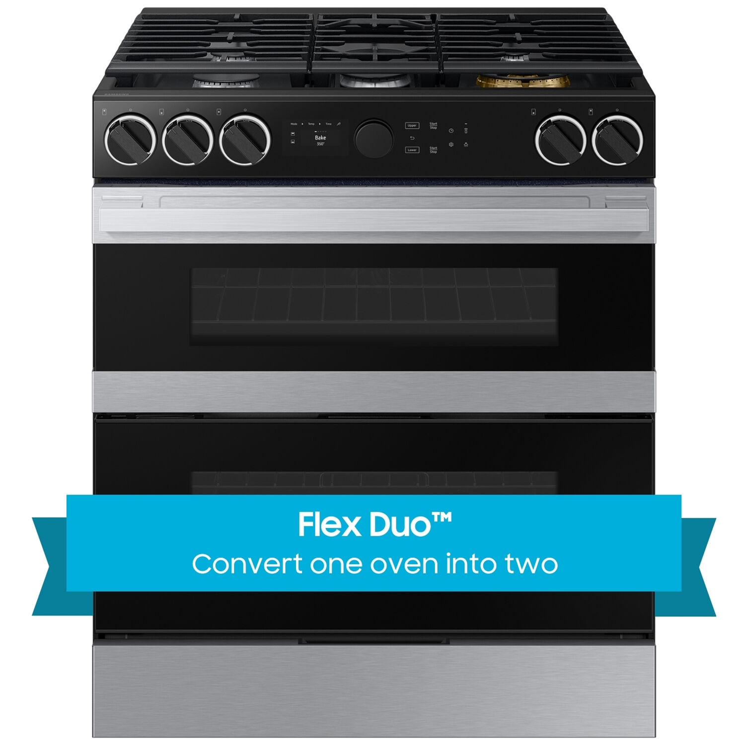 Samsung Bespoke 30 in. 6.0 cu. ft. Smart Air Fry Convection Double Oven Slide In Natural Gas Range with 5 Sealed Burners Griddle Stainless Steel P.C. Richard Son