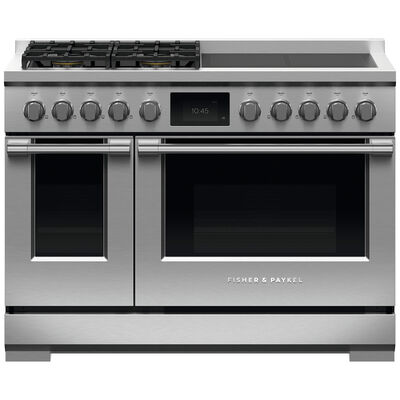 Fisher & Paykel Series 11 Professional 48 in. 6.9 cu. ft. Smart Convection Double Oven Freestanding Dual Fuel Range with 4 Sealed Burners & 4 Induction Zones - Stainless Steel | RHV3484N
