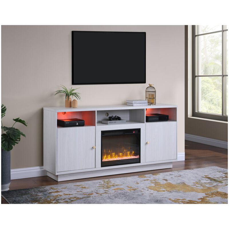 Lilola Ambrose 70"W White Walnut Finish Fireplace TV Stand Console with Heater, LED Light, Cabinets, Shelves, , hires