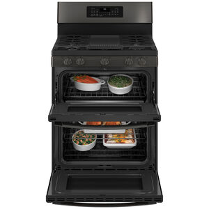 GE Profile 30 in. 6.8 cu. ft. Smart Air Fry Convection Double Oven Freestanding Gas Range with 5 Sealed Burners, Grill & Griddle - Black with Stainless Steel, Black with Stainless Steel, hires