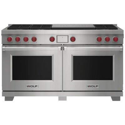 Wolf 60 in. 9.6 cu. ft. Smart Convection Double Oven Freestanding LP Dual Fuel Range with 6 Sealed Burners - Stainless Steel | DF60650FSPLP