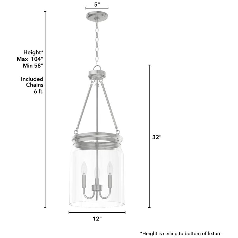 Hunter Devon Park 12 in. 3-Light Pendant with Clear Glass - Brushed Nickel, , hires
