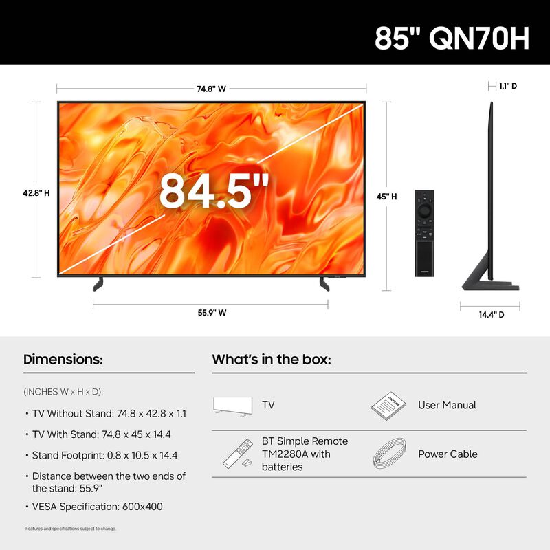 Samsung - 85" Class QN70H Neo QLED 4K UHD Smart Tizen TV, , hires