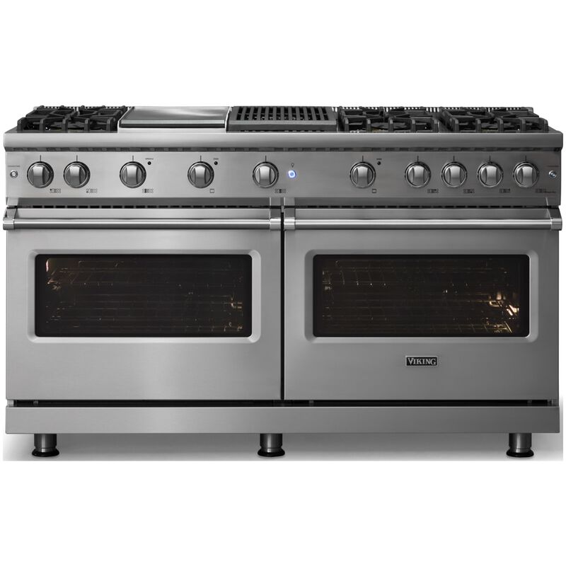 Viking 5 Series 60 in. 8.0 cu. ft. Standard Convection Double Oven Gas Range with 6 Sealed Burners, Grill & Griddle - Stainless Steel - Liquid Propane Gas, Polished Chrome Trim Option, , hires