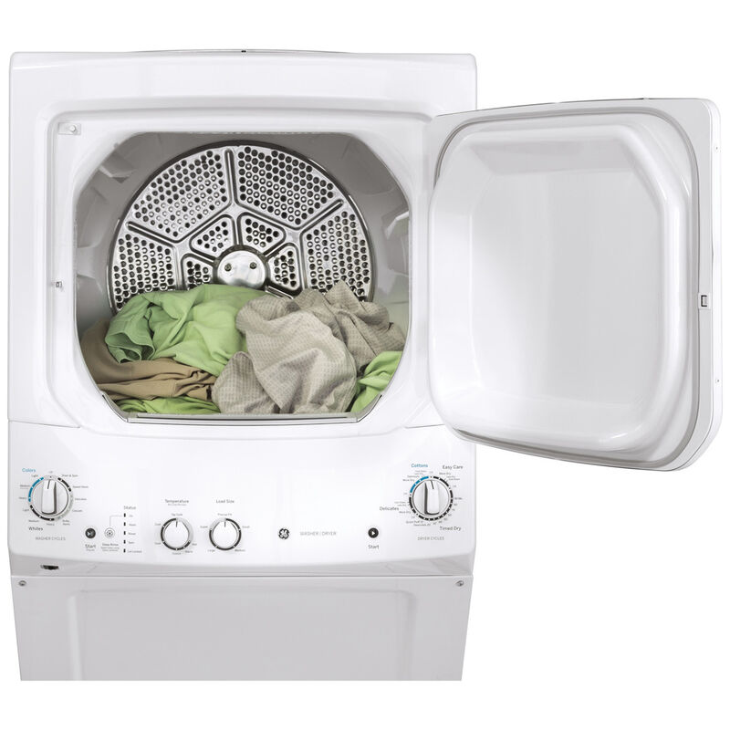 GE 27 in. Laundry Center with 3.9 cu. ft. Washer with 12 Wash Programs & 5.9 cu. ft. Electric Dryer with 4 Dryer Programs & Wrinkle Care - White, White, hires