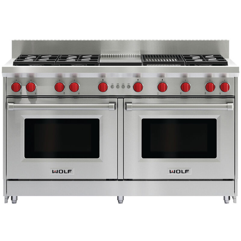 Wolf 60 in. 8.8 cu. ft. Double Oven Freestanding Gas Range with 6 Sealed Burners, Infrared Charbroiler & Infrared Griddle - Stainless Steel, , hires