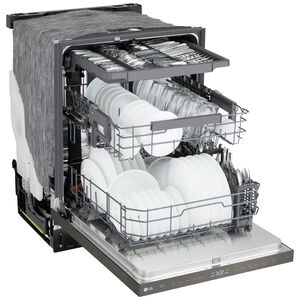 LG 24 in. Top Control Flush-Mount Smart Dishwasher with 46 dBA Sound Level, 3rd-Rack, AutoVent Dry & Pocket Handle - Black Stainless Steel, , hires