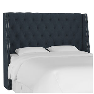 Skyline Full Nail Button Tufted Wingback Headboard in Linen - Navy, Navy, hires