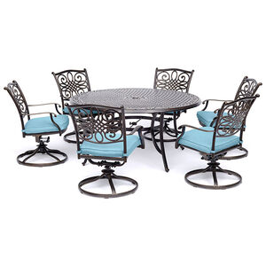 Hanover Traditions 7-Piece Dining Set in Blue with a 60 In. Round Cast-top Table and Six Swivel Rockers, , hires