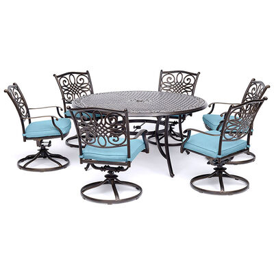 Hanover Traditions 7-Piece Dining Set in Blue with a 60 In. Round Cast-top Table and Six Swivel Rockers | TRAD7PCSWRBL