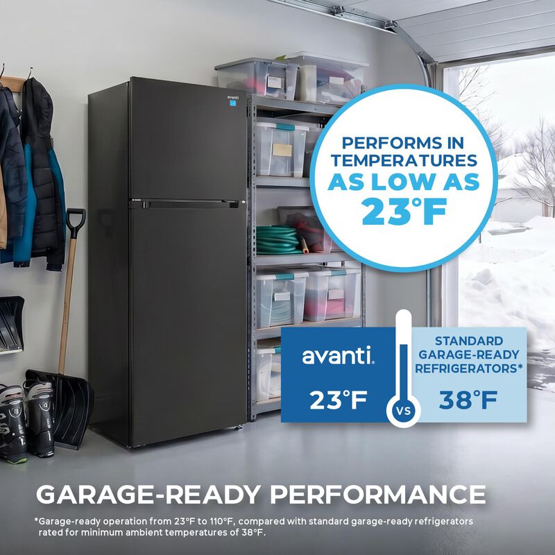 Avanti 28 in. 14.6 cu. ft. Counter Depth Garage-Ready Top Freezer Refrigerator - Black, Black, hires