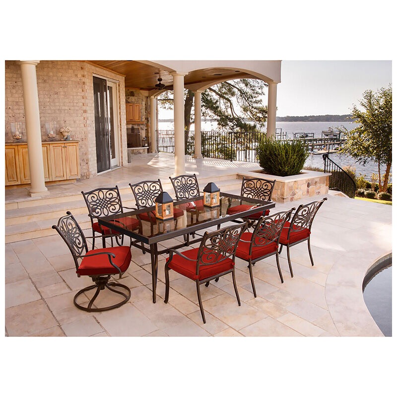 Hanover Traditions 9-Piece Dining Set With Glass Top Table - Red, , hires