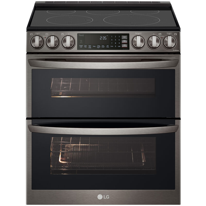 LG 30 in. 7.3 cu. ft. Smart Air Fry Convection Double Oven Slide-In Electric Range with 5 Smoothtop Burners - Printproof Black Stainless Steel, PrintProof Black Stainless Steel, hires