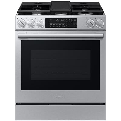 Samsung Bespoke 30 in. 6.3 cu. ft. Smart Air-Fry True European Convection Slide-In Dual Fuel Range with 5 Sealed Burners & Griddle - Stainless Steel | NSG90H63SR