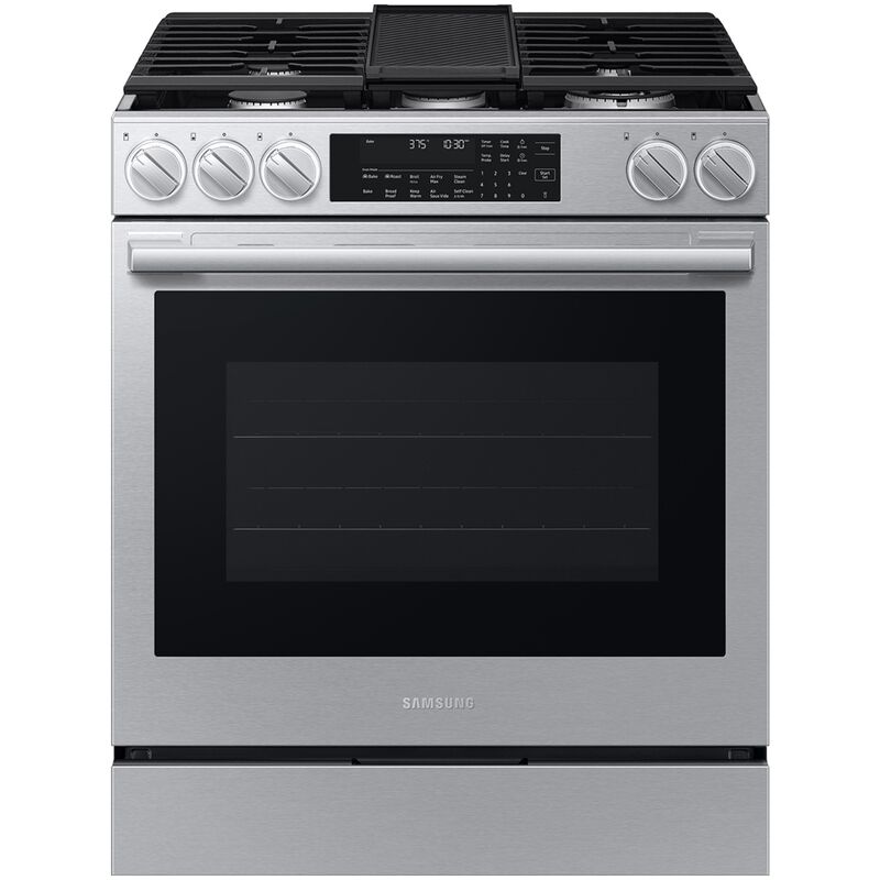Samsung Bespoke 30 in. 6.3 cu. ft. Smart Air-Fry True European Convection Slide-In Dual Fuel Range with 5 Sealed Burners & Griddle - Stainless Steel, , hires