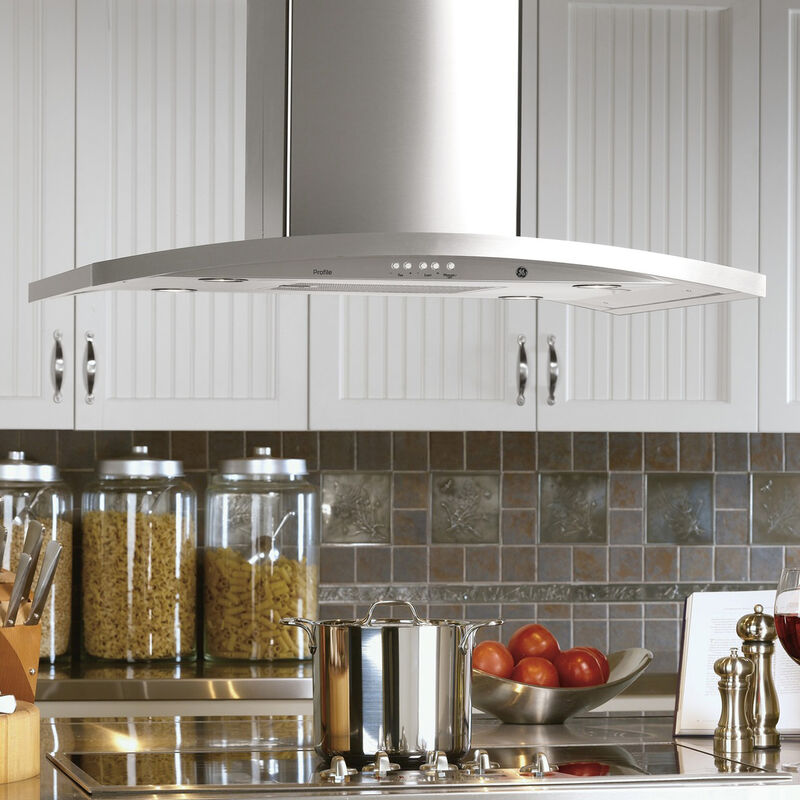 GE Profile 36 in. Chimney Style Range Hood with 4 Speed Settings & 4 Halogen Light - Stainless Steel, , hires