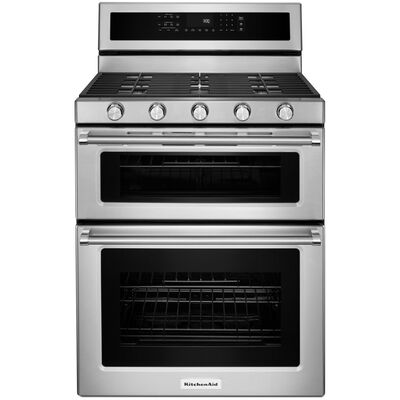 KitchenAid 30 in. 6 cu. ft. True European Convection Double Oven Gas Range with 5 Sealed Burners - Stainless Steel | KFGD500ESS