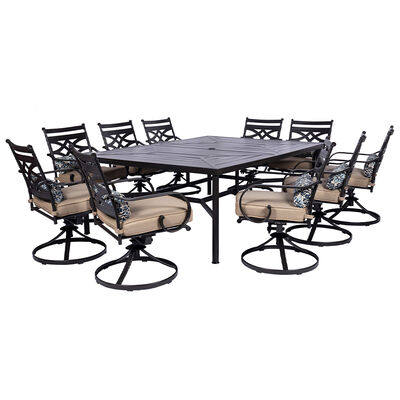 Hanover Montclair 11-Piece Dining Set in Tan with 10 Swivel Rockers and a 60-In. x 84-In. Table - Tan/Brown | MCLRDN11PCST