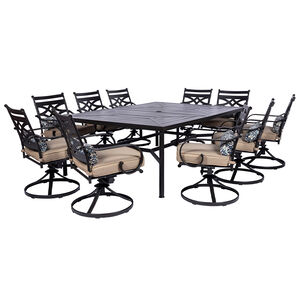 Hanover Montclair 11-Piece Dining Set in Tan with 10 Swivel Rockers and a 60-In. x 84-In. Table - Tan/Brown, , hires
