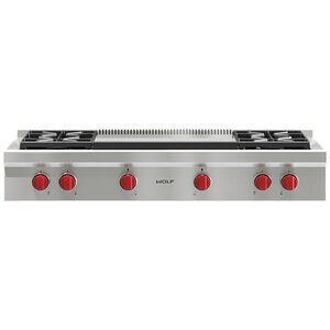 Wolf 48 in. 4-Burner Natural Gas Rangetop with Griddle & Power Burner - Stainless Steel, , hires