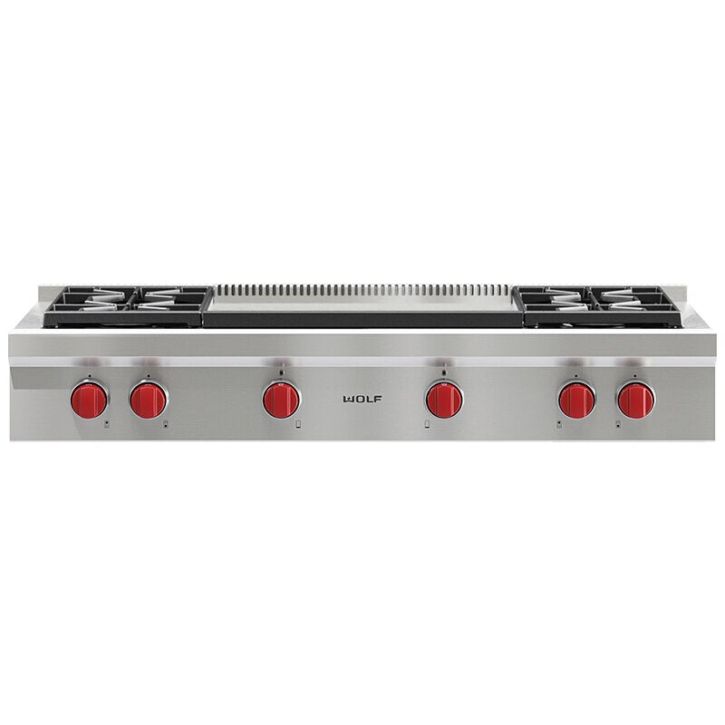 Wolf 48 in. 4-Burner Natural Gas Rangetop with Griddle & Power Burner - Stainless Steel, , hires