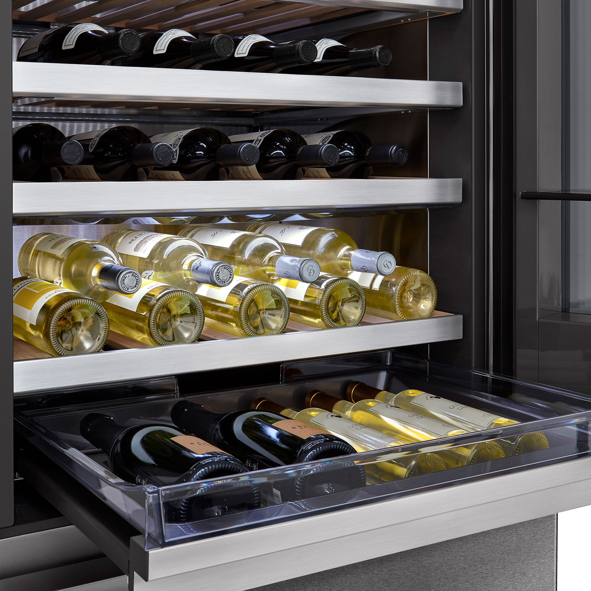 LG Signature InstaView 28 in. Freestanding Smart Wine Cooler with 2 Freezer Drawers Multi Zone 65 Bottle Capacity Textured Steel