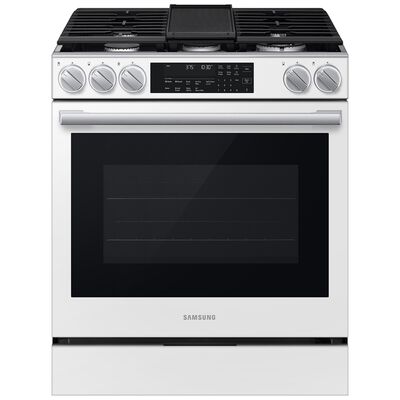 Samsung Bespoke 30 in. 6.0 cu. ft. Smart Air-Fry True European Convection Slide-In Gas Range with 5 Sealed Burners & Griddle - White Glass | NSG90H60SW