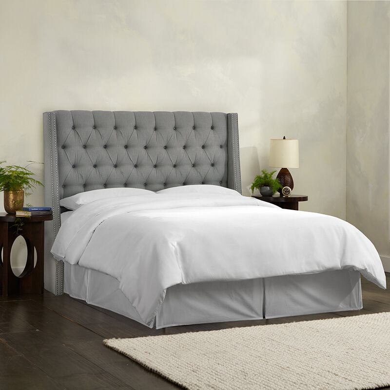 Skyline Full Nail Button Tufted Wingback Headboard in Linen - Grey, Grey, hires