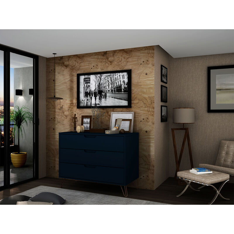 Manhattan Comfort Rockefeller Mid-Century Modern 3-Drawer Dresser - Tatiana Midnight Blue, Midnight Blue, hires