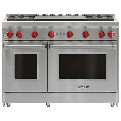 Wolf 48 in. 6.9 cu. ft. Double Oven Freestanding LP Gas Range with 4 Sealed Burners & Griddle - Stainless Steel | GR484DGLP