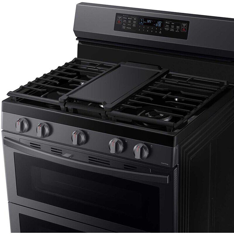 Samsung 30 in. 6 cu. ft. Smart Air Fry True European Convection Double Oven Gas Range with 5 Sealed Burners & Griddle - Black Stainless, Black Stainless, hires