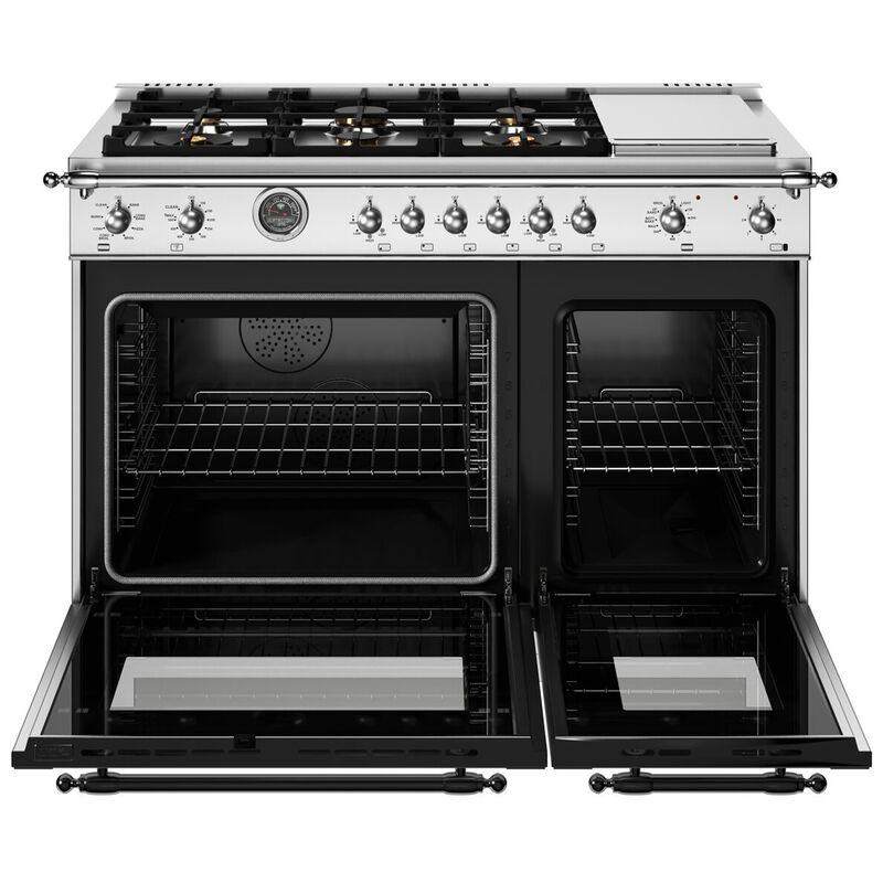 Bertazzoni Heritage Series 48 in. 7.0 cu. ft. Air-Fry Dual Convection Double Oven Dual Fuel Range with 6 Sealed Burners & Griddle - Stainless Steel, , hires