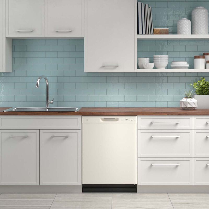 GE 24 in. Front Control Flush-Mount Dishwasher with 55 dBa Sound Level, Dry Boost & Pocket Handle - Bisque, Bisque, hires