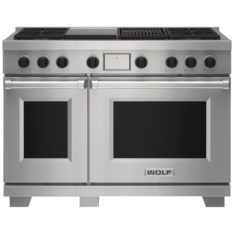 Wolf 48 in. 7.8 cu. ft. Smart Dual Convection Double Oven Dual Fuel Range with 4 Sealed Burners, Grill & Griddle - Stainless Steel, , hires