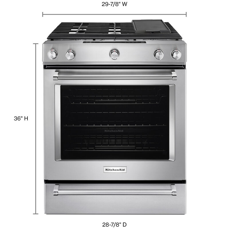 KitchenAid 30 in. 6.5 cu. ft. True European Convection Slide-In Gas Range with 5 Sealed Burners & Griddle - Stainless Steel, , hires